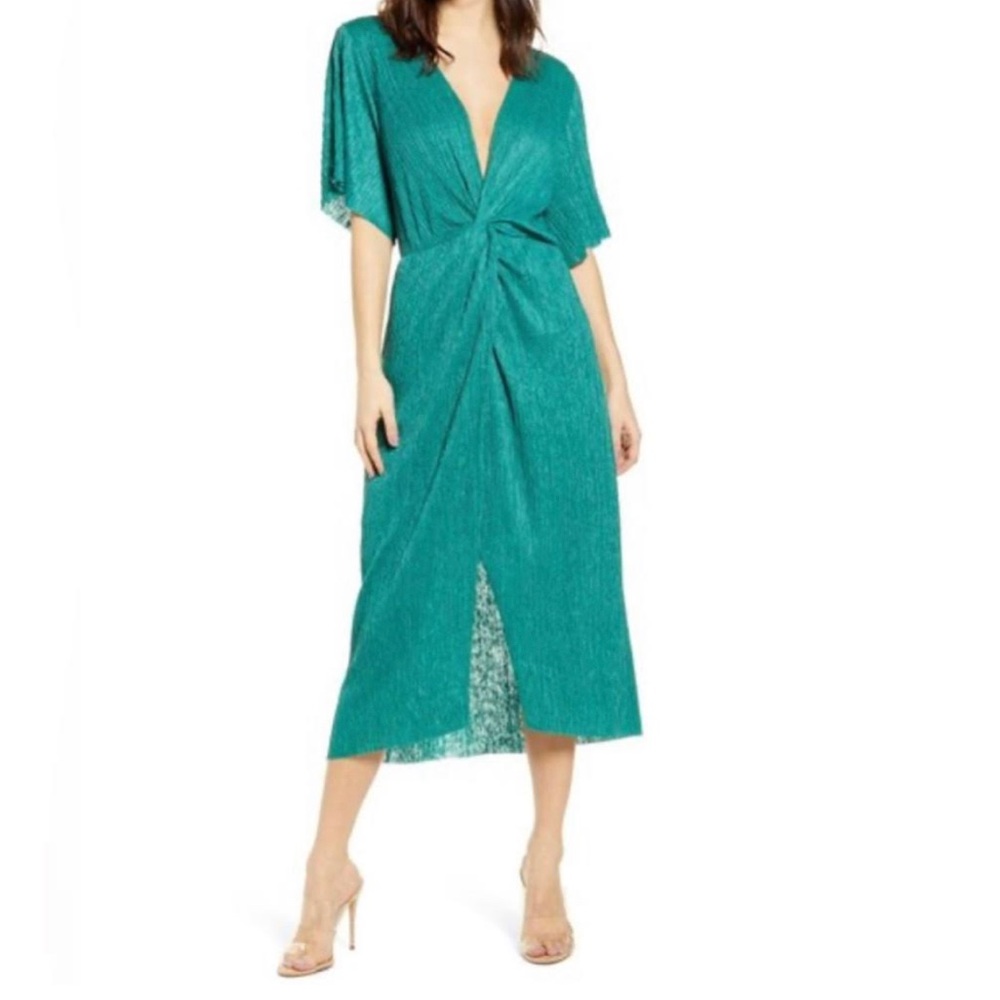 Perfect Kelly Green Deep V Midi Faux Wrap Dress!!